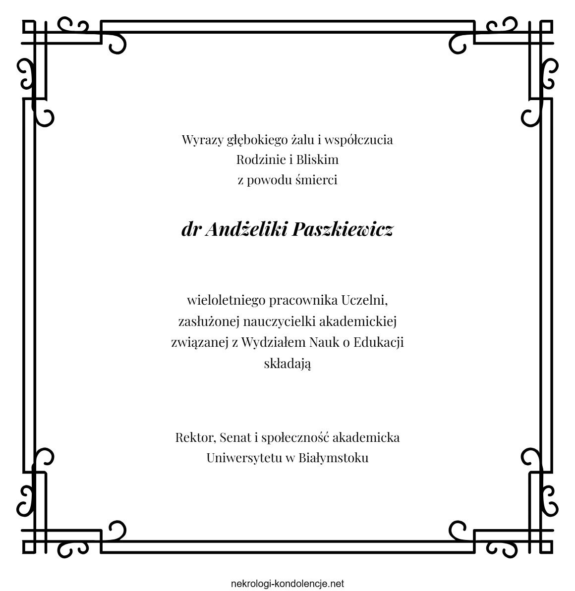 Kondolencje - Andżelika Paszkiewicz