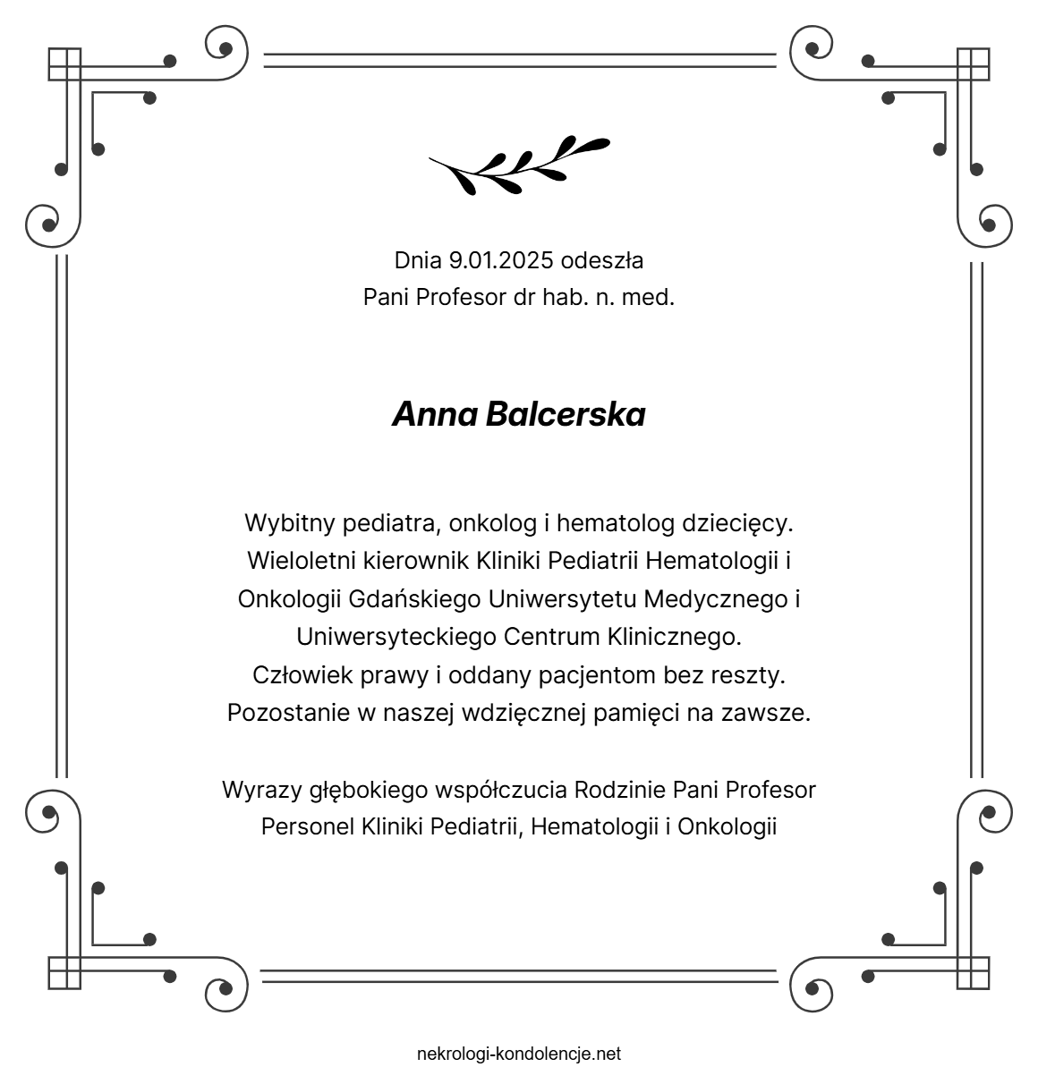 Kondolencje - Anna Balcerska