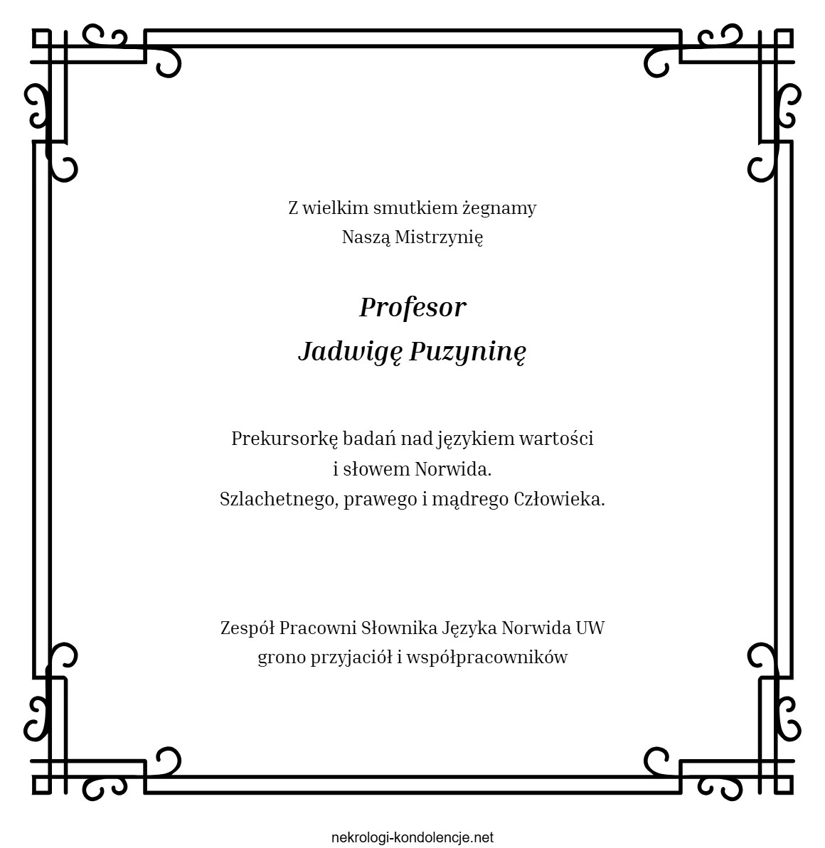 Kondolencje - Jadwiga Puzynina