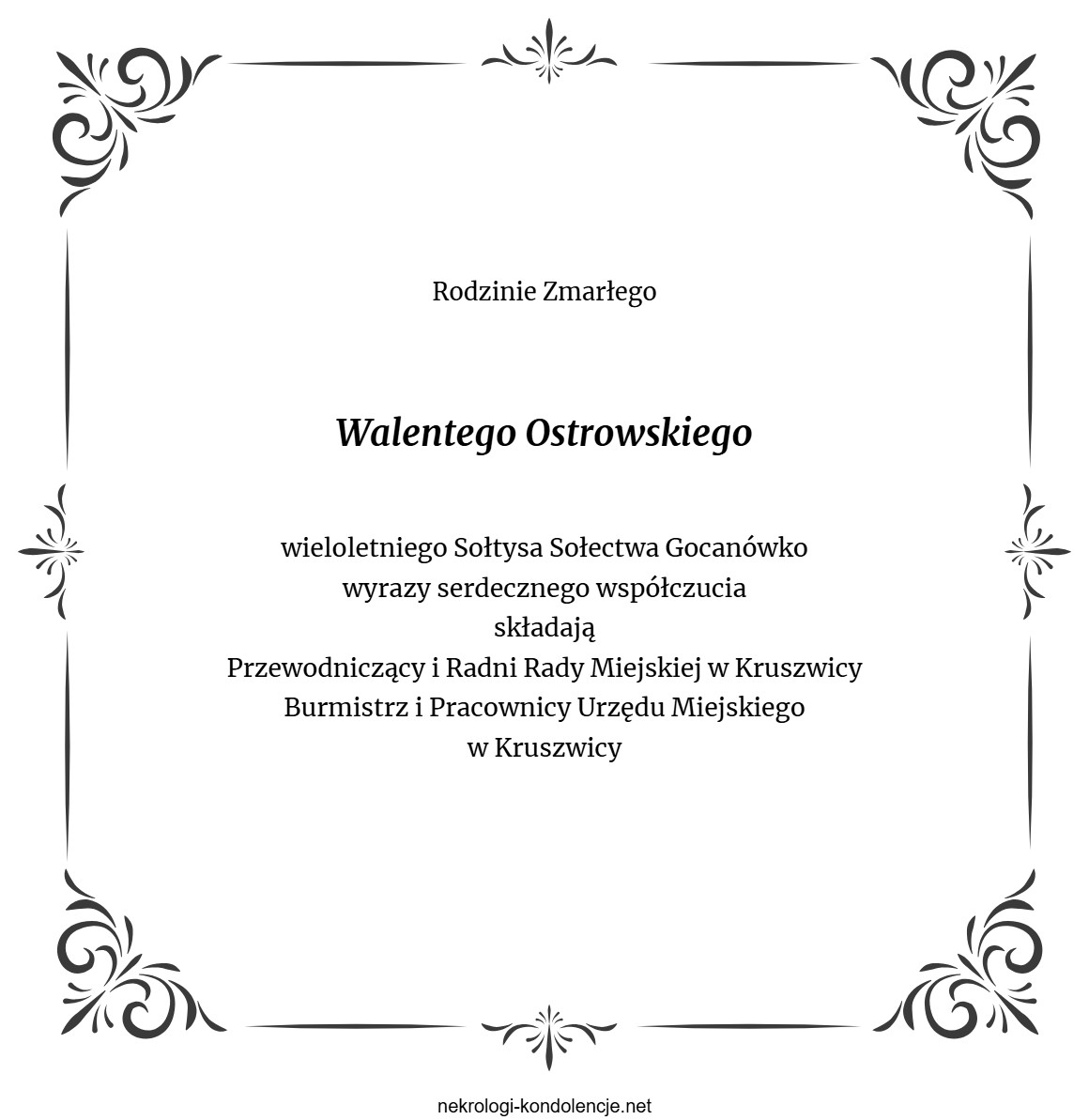 Kondolencje - Walenty Ostrowski