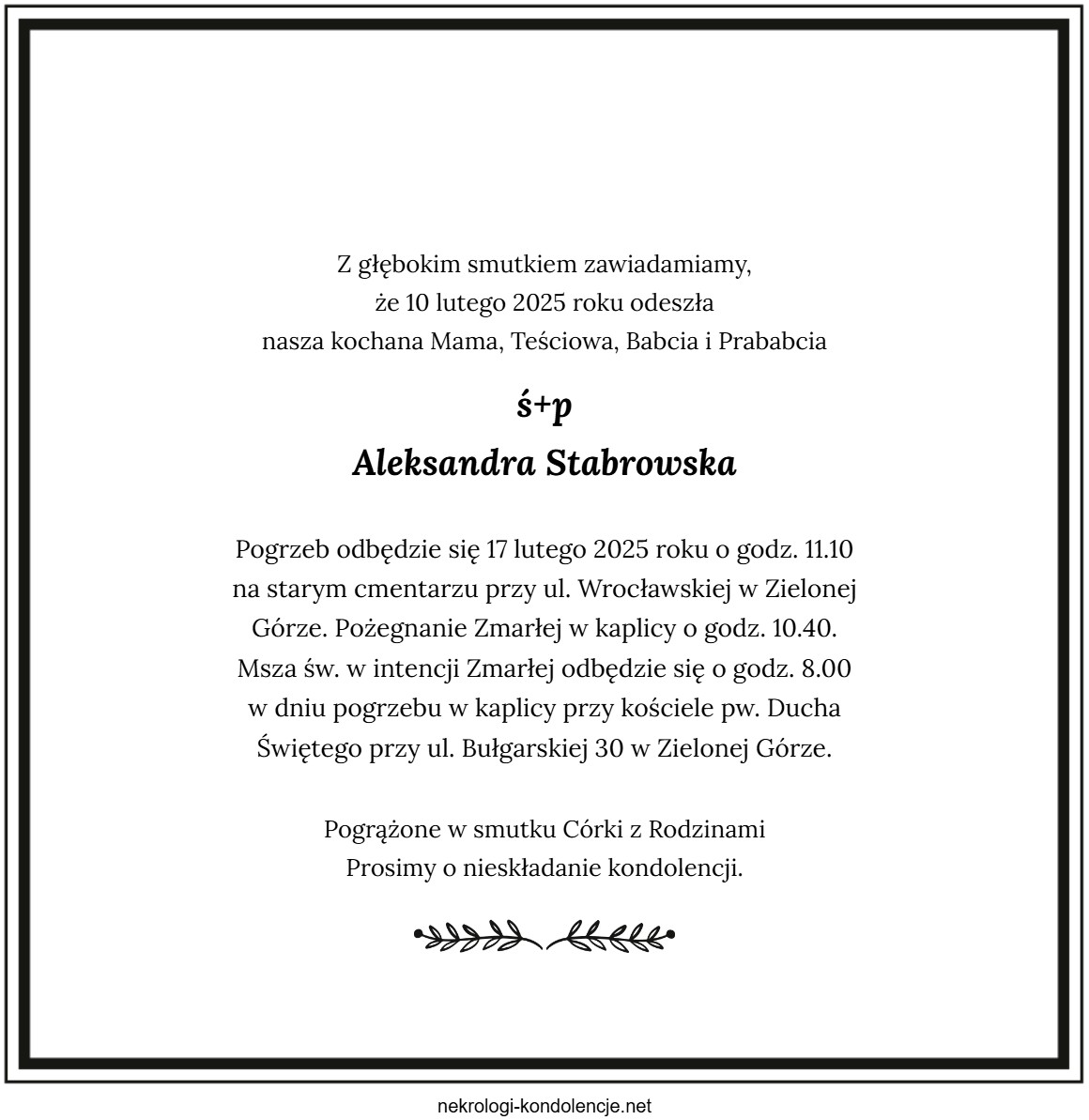 Nekrolog - Aleksandra Stabrowska Nekrolog - Aleksandra Stabrowska