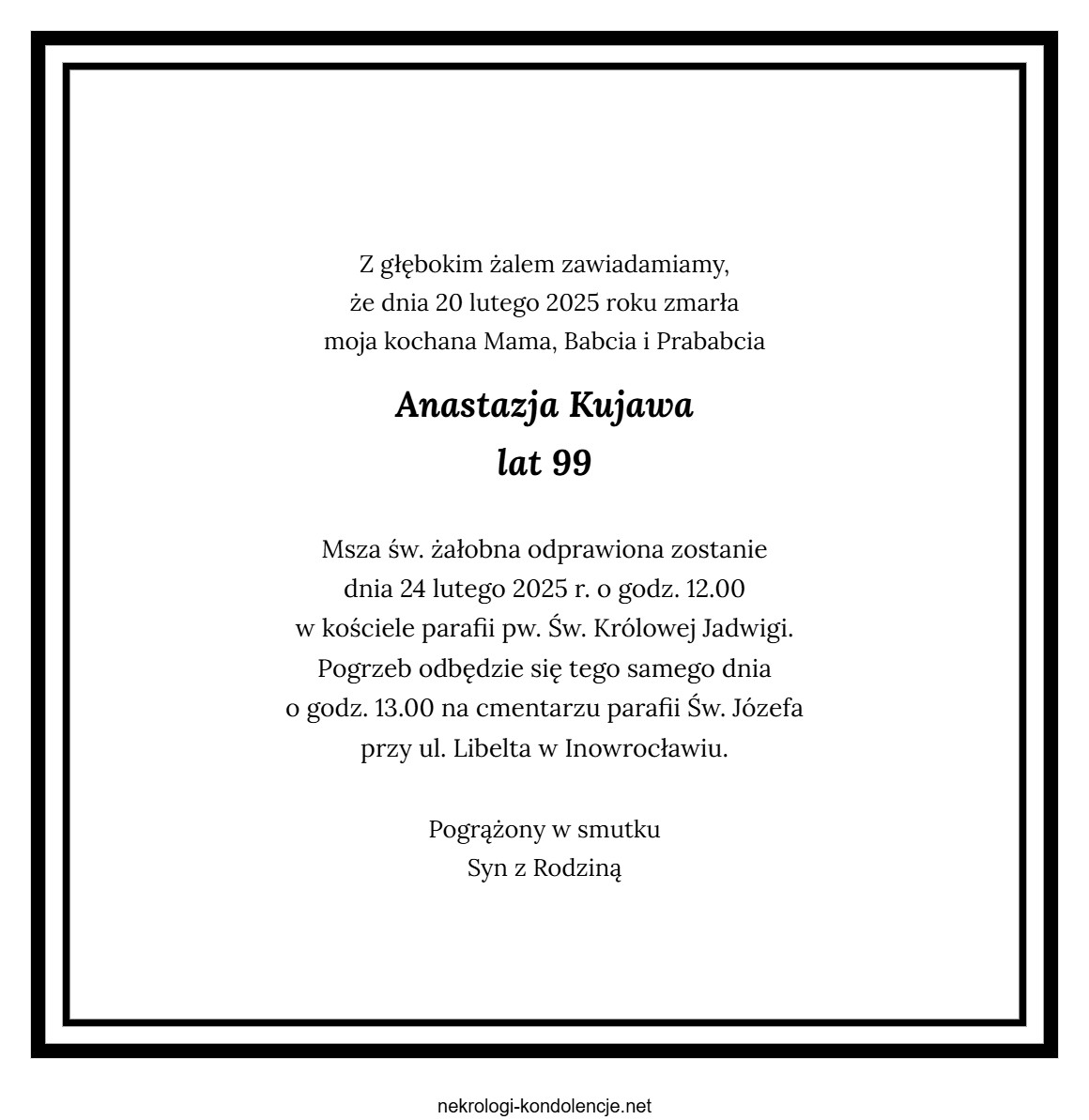 Nekrolog - Anastazja Kujawa Nekrolog - Anastazja Kujawa