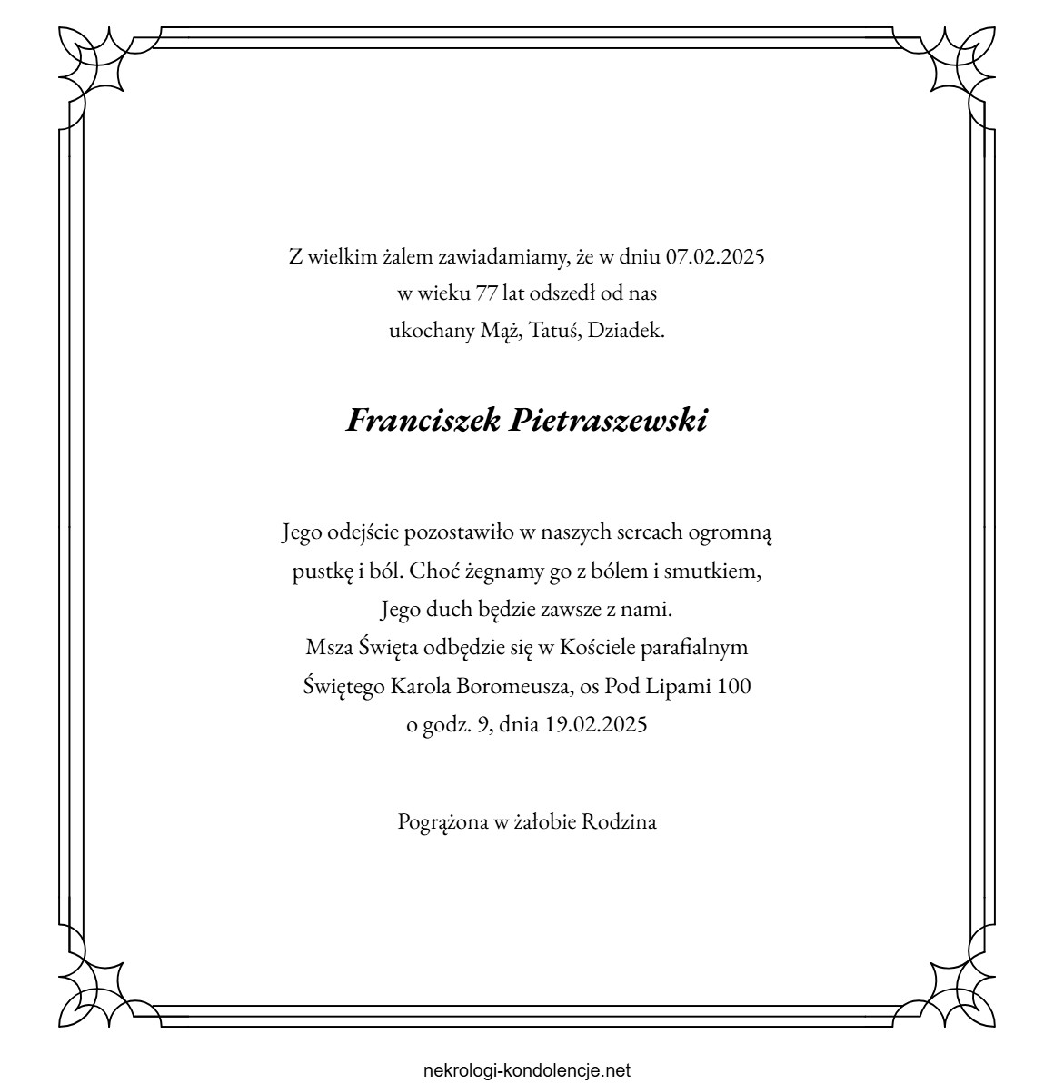 Nekrolog - Franciszek Pietraszewski Nekrolog - Franciszek Pietraszewski