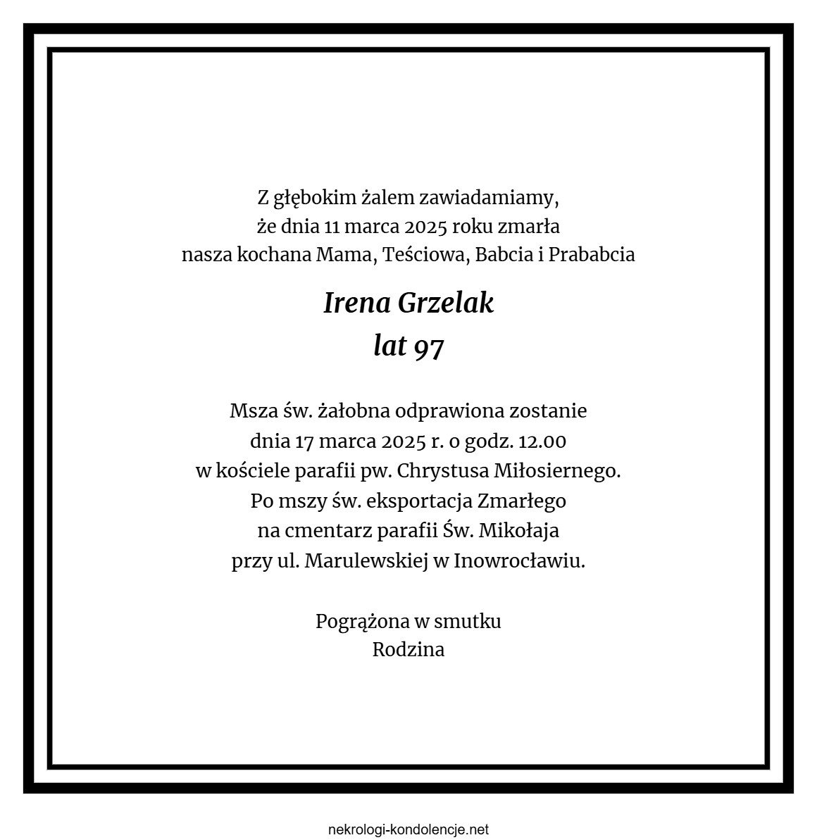 Nekrolog - Irena Grzelak Nekrolog - Irena Grzelak