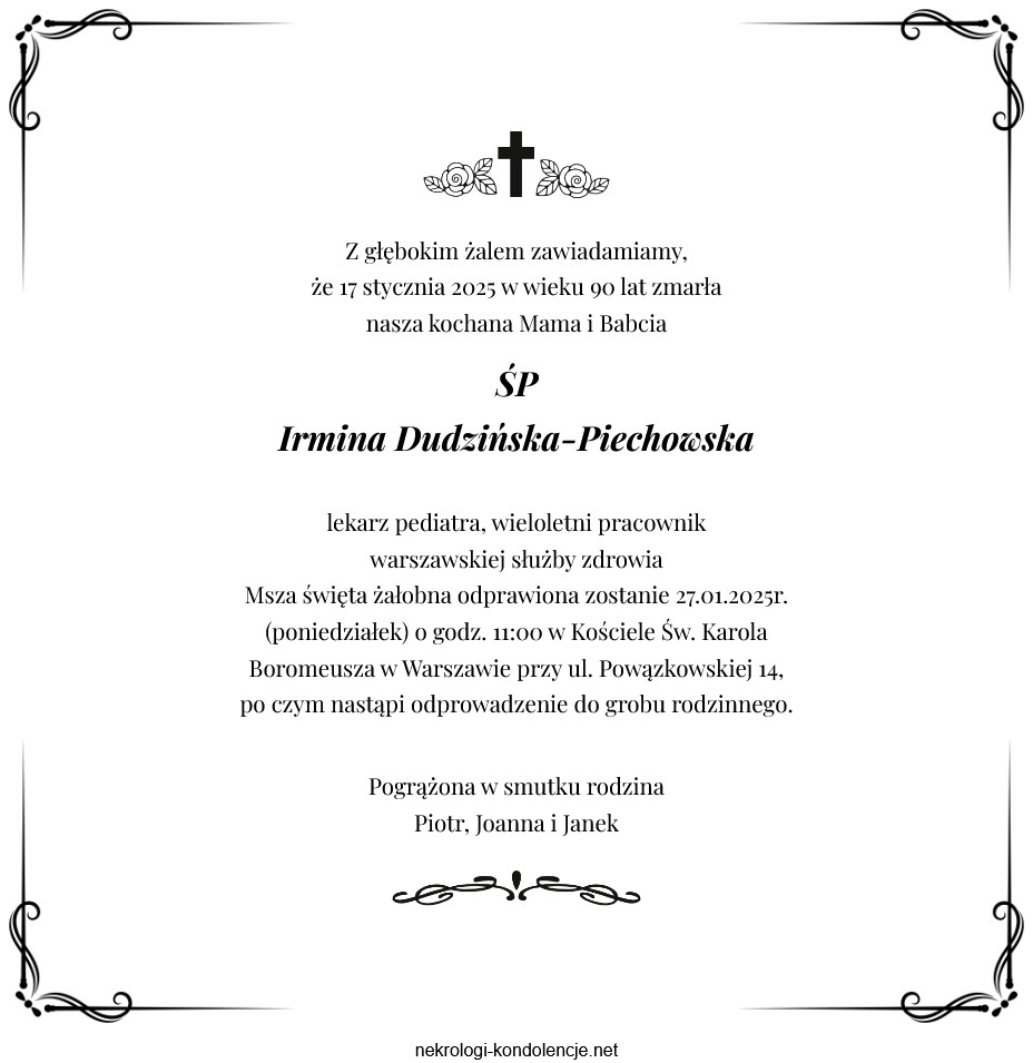 Nekrolog - Irmina Dudzińska-Piechowska Nekrolog - Irmina Dudzińska-Piechowska