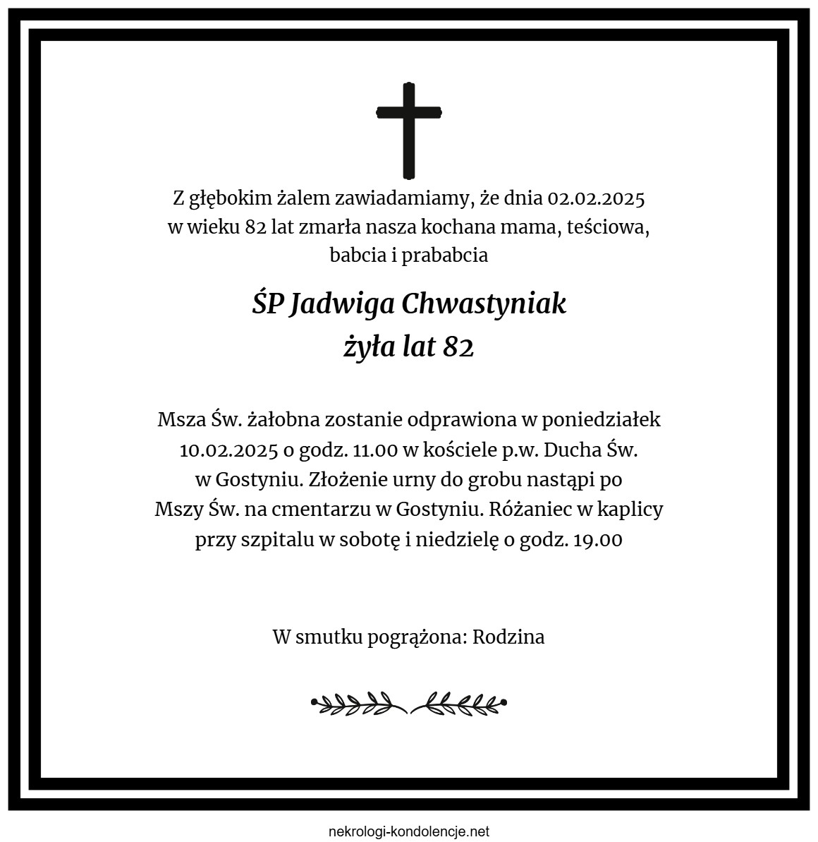 Nekrolog - Jadwiga Chwastyniak Nekrolog - Jadwiga Chwastyniak