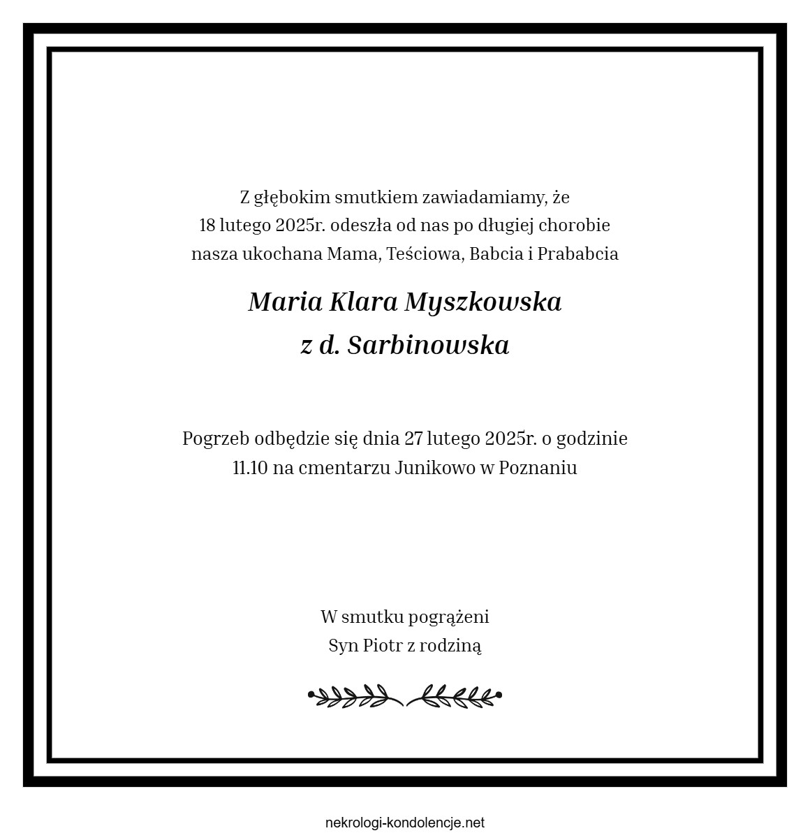 Nekrolog - Maria Klara Myszkowska Nekrolog - Maria Klara Myszkowska