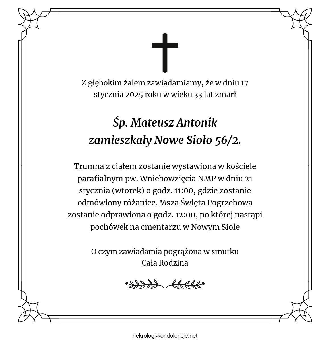 Nekrolog - Mateusz Antonik Nekrolog - Mateusz Antonik