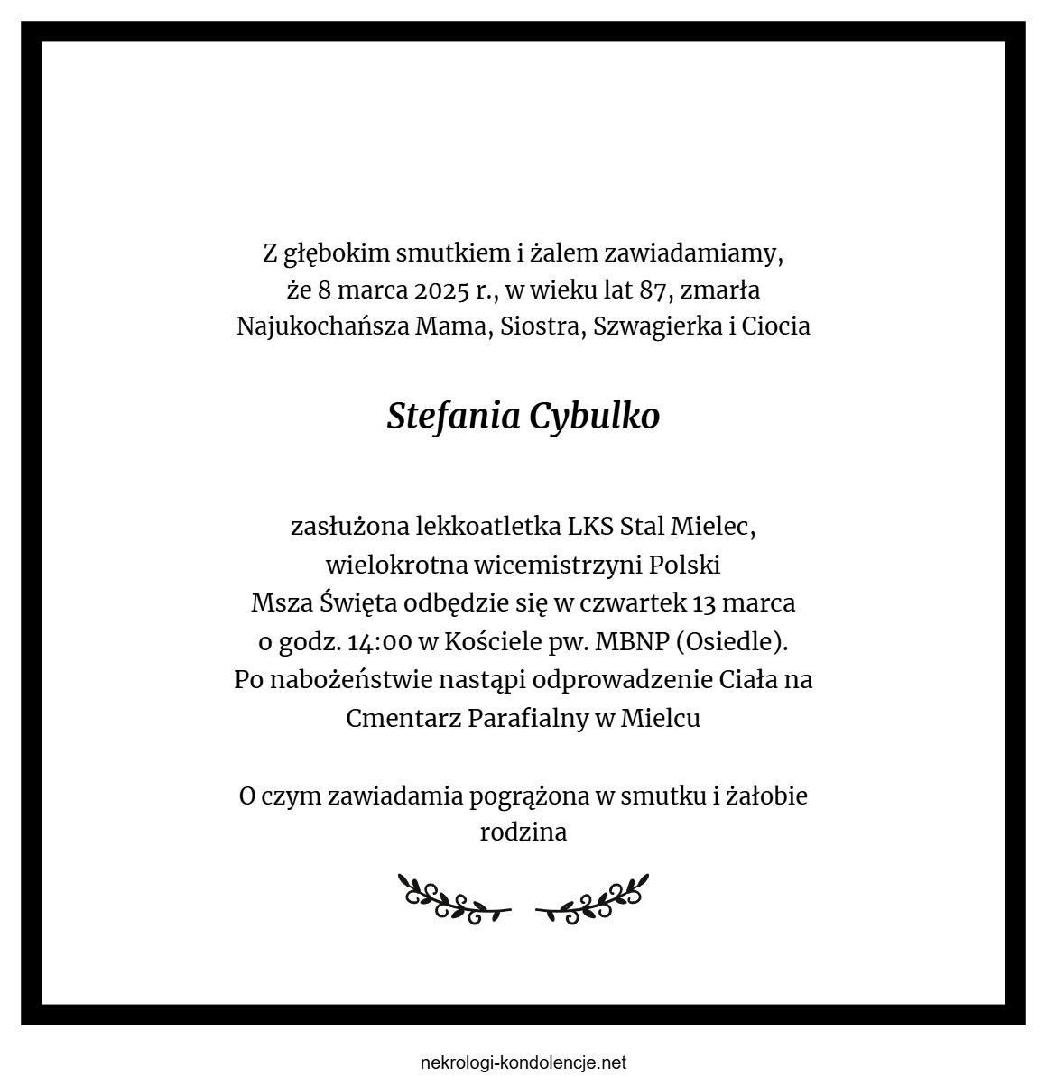 Nekrolog - Stefania Cybulko Nekrolog - Stefania Cybulko