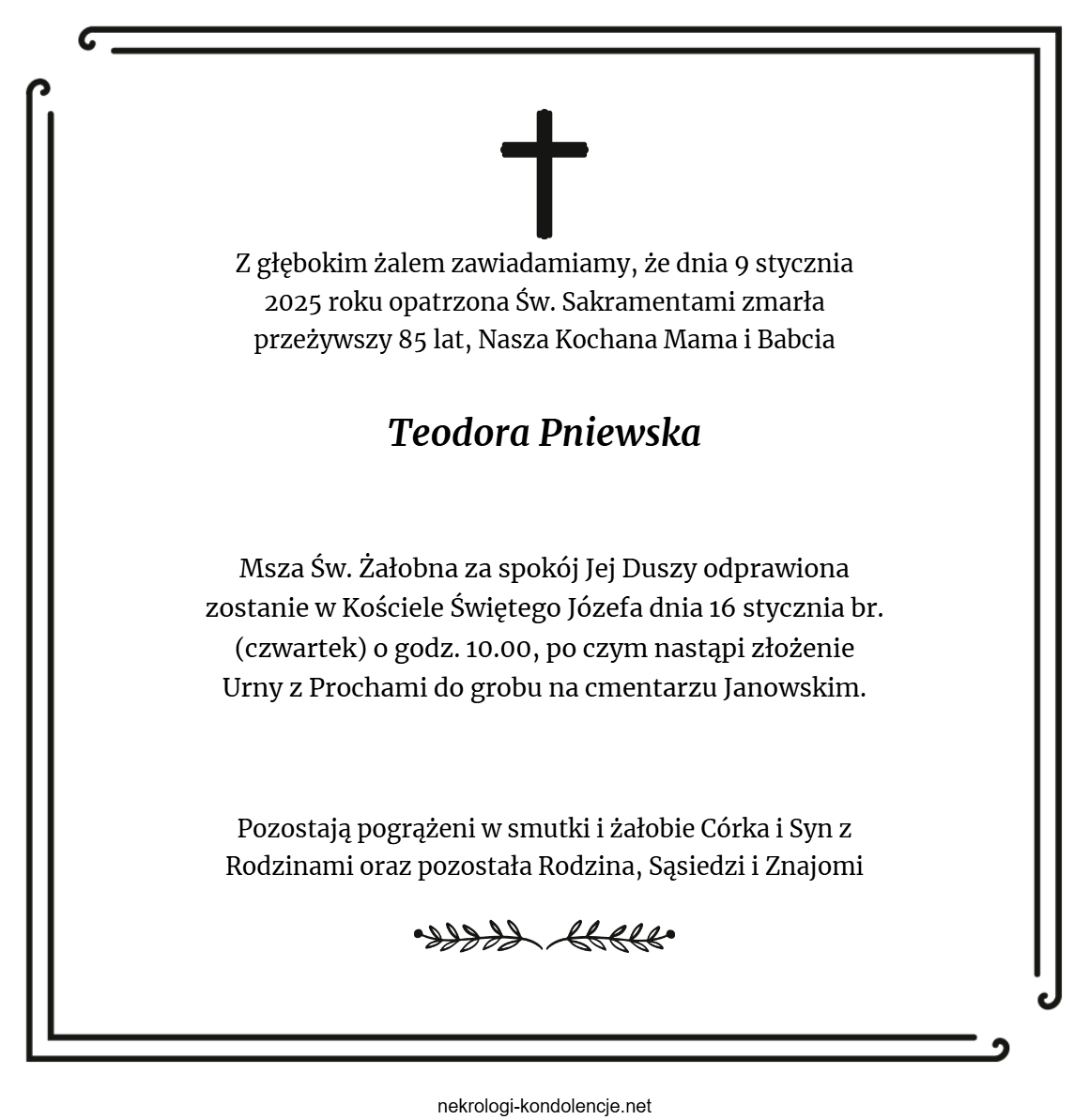 Nekrolog - Teodora Pniewska Nekrolog - Teodora Pniewska