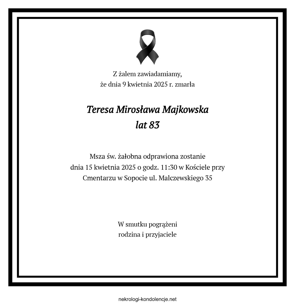Nekrolog - Teresa Mirosława Majkowska Nekrolog - Teresa Mirosława Majkowska